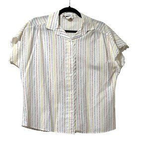 Vintage made in USA J.F.1. size L white striped lace trimmed short sleeve blouse